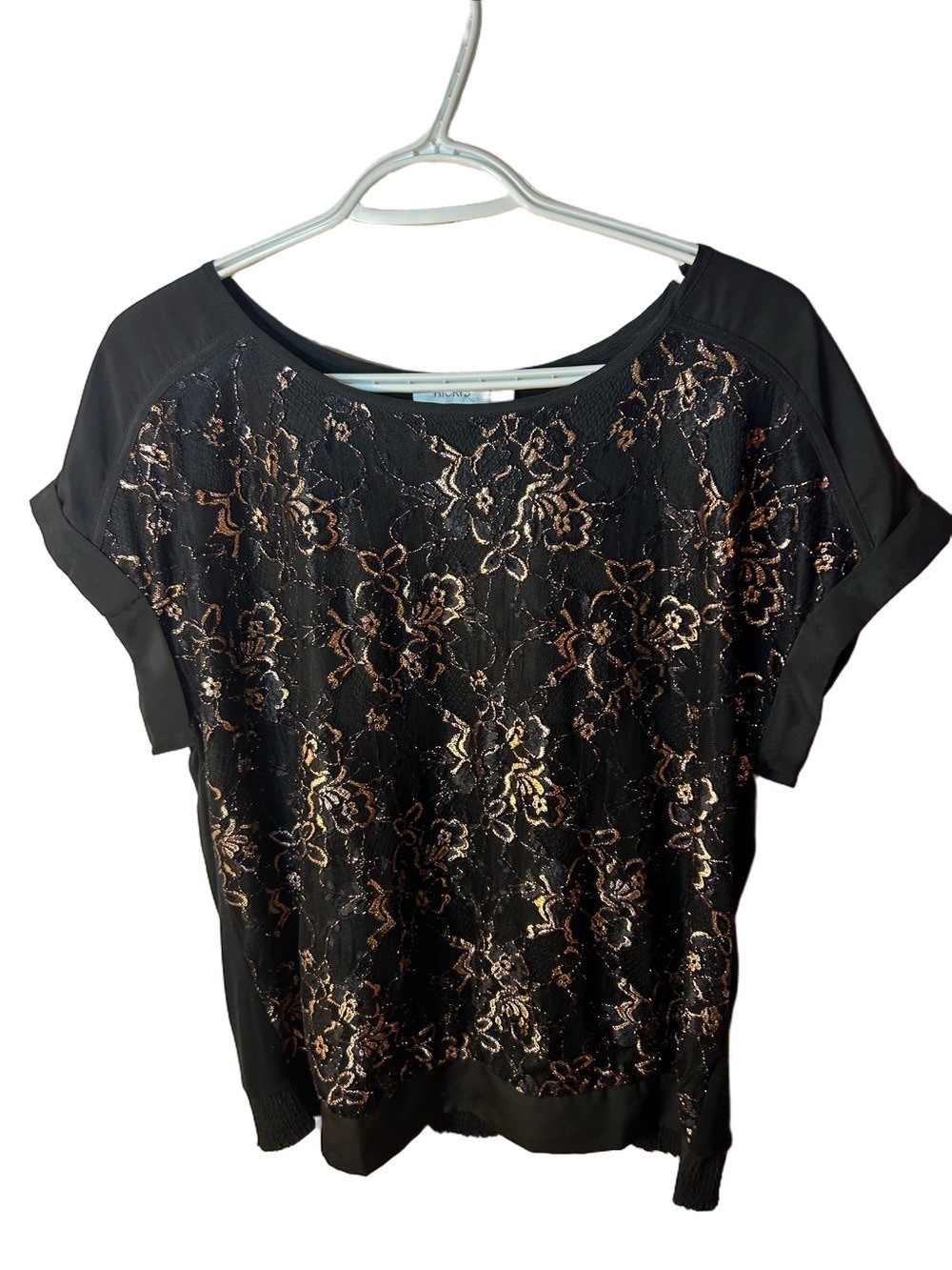 Ricki’s Black Top with Metallic Gold Floral Lace size large whimsygoth